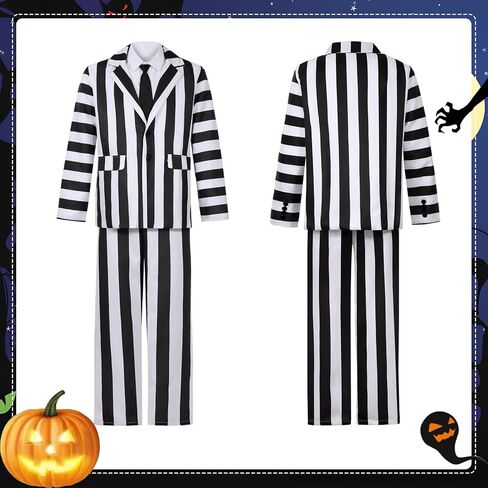 5 Pcs Black and White Striped Suit for Men Halloween Scary Cosplay Costume with Wig in Saudi Arabia
