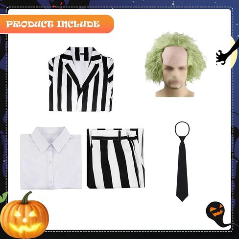 5 Pcs Black and White Striped Suit for Men Halloween Scary Cosplay Costume with Wig in Saudi Arabia