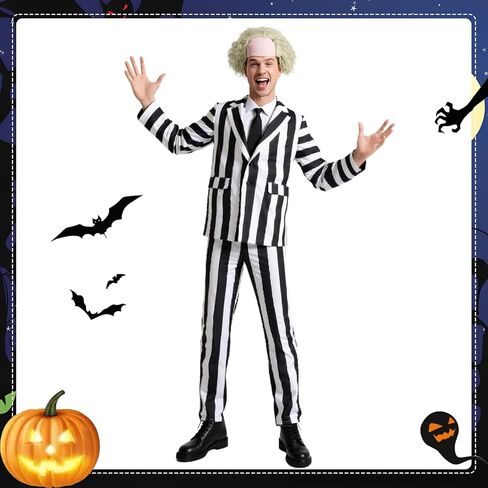 5 Pcs Black and White Striped Suit for Men Halloween Scary Cosplay Costume with Wig in Saudi Arabia