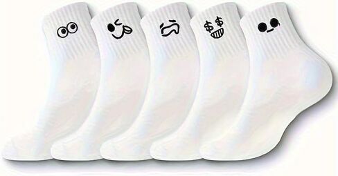 5 Pairs of Cute Emoji - Patterned Mid - Calf Socks for Daily Use and Outings, White in Saudi Arabia
