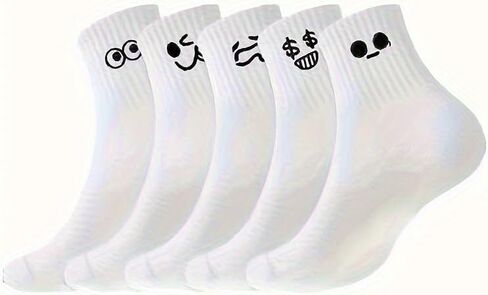 5 Pairs of Cute Emoji - Patterned Mid - Calf Socks for Daily Use and Outings, White in Saudi Arabia