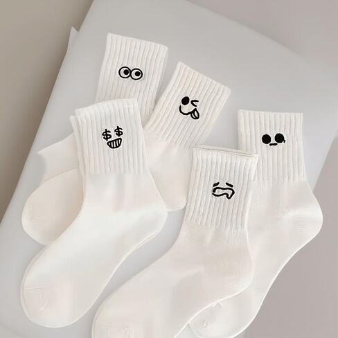5 Pairs of Cute Emoji - Patterned Mid - Calf Socks for Daily Use and Outings, White in Saudi Arabia