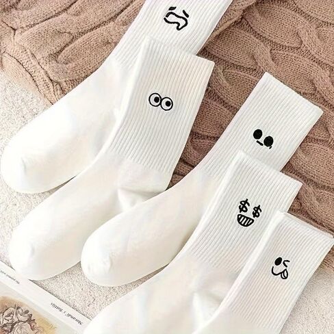 5 Pairs of Cute Emoji - Patterned Mid - Calf Socks for Daily Use and Outings, White in Saudi Arabia