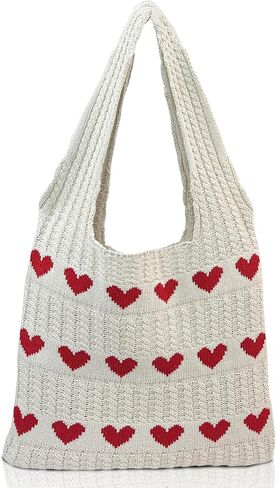 Crochet Tote Bag Cute Heart Pattern Hobo Bag Knitted Shopping Shoulder Commute Handbag Hollow Beach Purse for Women in Saudi Arabia