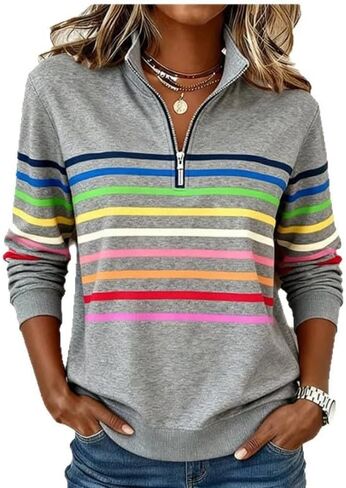 Womens Striped Shirts Quarter Zip Up Pullover Casual Long Sleeve Cute Tops Blouse in Saudi Arabia