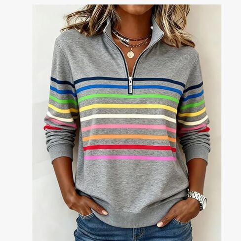 Womens Striped Shirts Quarter Zip Up Pullover Casual Long Sleeve Cute Tops Blouse in Saudi Arabia
