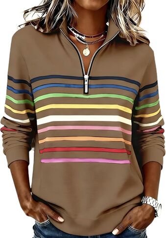 Womens Striped Shirts Quarter Zip Up Pullover Casual Long Sleeve Cute Tops Blouse in Saudi Arabia