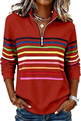 Womens Striped Shirts Quarter Zip Up Pullover Casual Long Sleeve Cute Tops Blouse in Saudi Arabia