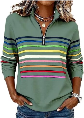 Womens Striped Shirts Quarter Zip Up Pullover Casual Long Sleeve Cute Tops Blouse in Saudi Arabia
