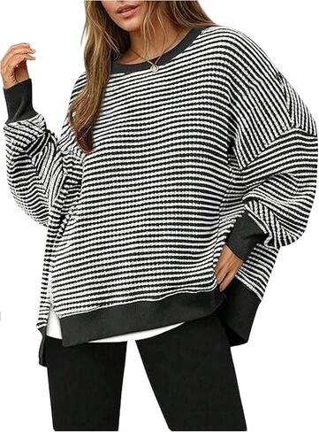 SOLY HUX Women's Plus Size Striped Sweatshirt Long Sleeve Crew Neck Split Hem Oversized Pullover Tops in Saudi Arabia