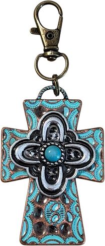 Rustic Patina Cross Purse Charm – Handmade Western Bag Charm with Turquoise Accent | Faith Gift for Women in Kuwait