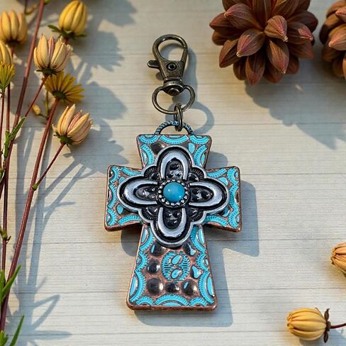 Rustic Patina Cross Purse Charm – Handmade Western Bag Charm with Turquoise Accent | Faith Gift for Women in Kuwait