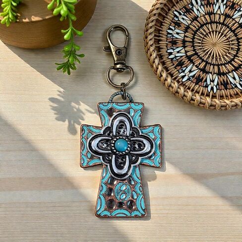 Rustic Patina Cross Purse Charm – Handmade Western Bag Charm with Turquoise Accent | Faith Gift for Women in Kuwait