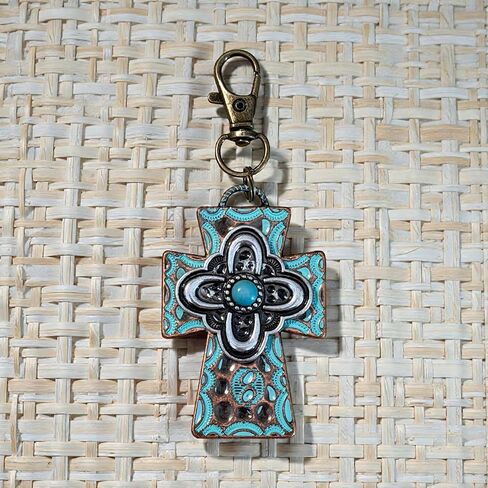Rustic Patina Cross Purse Charm – Handmade Western Bag Charm with Turquoise Accent | Faith Gift for Women in Kuwait