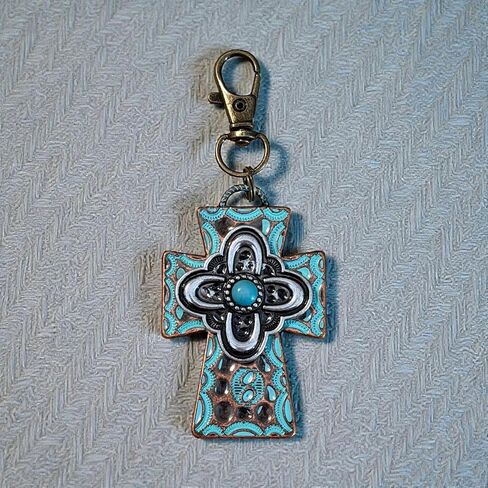 Rustic Patina Cross Purse Charm – Handmade Western Bag Charm with Turquoise Accent | Faith Gift for Women in Kuwait