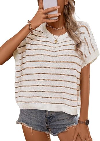 Short Sleeve Sweaters for Women 2026 Summer Casual Striped Cap Sleeve Tops Lightweight Hollow Out Knit Sweater Vest in Saudi Arabia