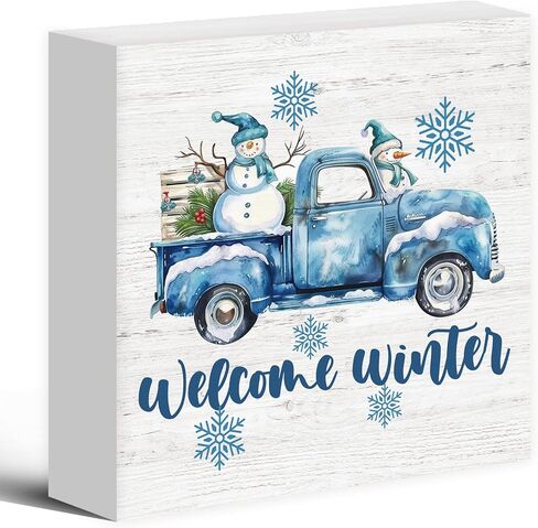 Luipk Blue Winter Christmas Truck Snowman Wood Box Sign Desk Decor, Snowman Christmas Decorations, Winter Wooden Block Sign Decorations for Home Room Wall Tabletop Shelf Decor, 5x5 Inch in Saudi Arabia