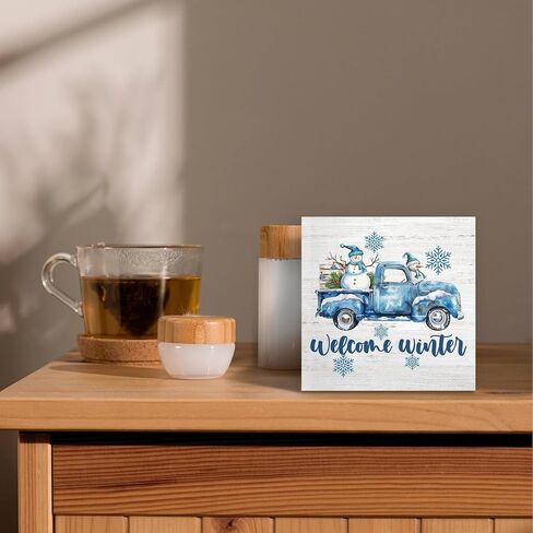 Luipk Blue Winter Christmas Truck Snowman Wood Box Sign Desk Decor, Snowman Christmas Decorations, Winter Wooden Block Sign Decorations for Home Room Wall Tabletop Shelf Decor, 5x5 Inch in Saudi Arabia