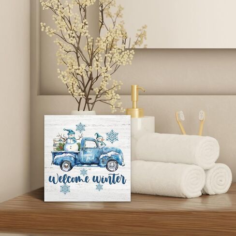 Luipk Blue Winter Christmas Truck Snowman Wood Box Sign Desk Decor, Snowman Christmas Decorations, Winter Wooden Block Sign Decorations for Home Room Wall Tabletop Shelf Decor, 5x5 Inch in Saudi Arabia