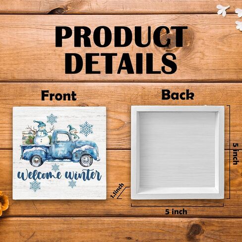 Luipk Blue Winter Christmas Truck Snowman Wood Box Sign Desk Decor, Snowman Christmas Decorations, Winter Wooden Block Sign Decorations for Home Room Wall Tabletop Shelf Decor, 5x5 Inch in Saudi Arabia