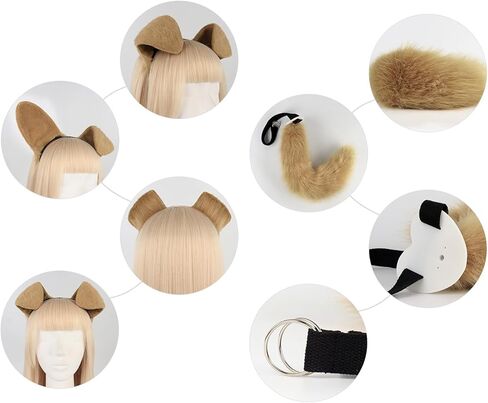 Furry Dog Ears Headband & Tail Costume - Faux Fur Therian Cosplay Accessories for Women Adults Halloween Party in Saudi Arabia
