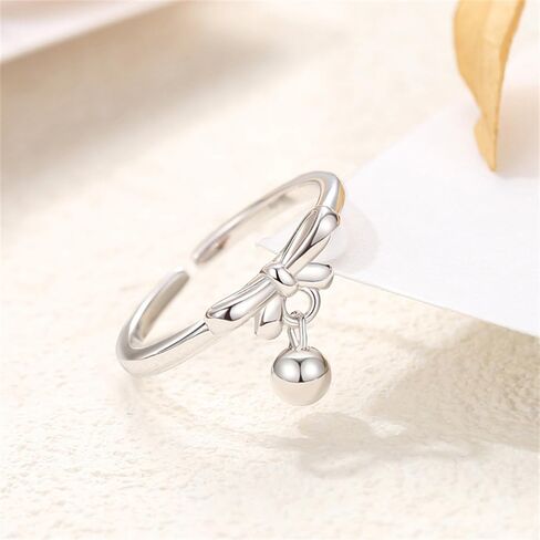 NewZenro Cute Bow Ball Dangle Drop Adjustable Statement Rings for Women Dainty 925 Sterling Silver Ribbon Bell Charm Stackable Open Finger Band Rings for Christmas Daughter Festival Party Gifts Bff in Saudi Arabia