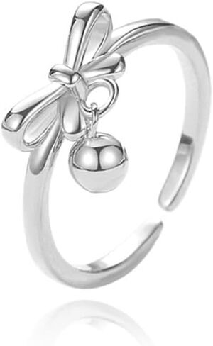 NewZenro Cute Bow Ball Dangle Drop Adjustable Statement Rings for Women Dainty 925 Sterling Silver Ribbon Bell Charm Stackable Open Finger Band Rings for Christmas Daughter Festival Party Gifts Bff in Saudi Arabia