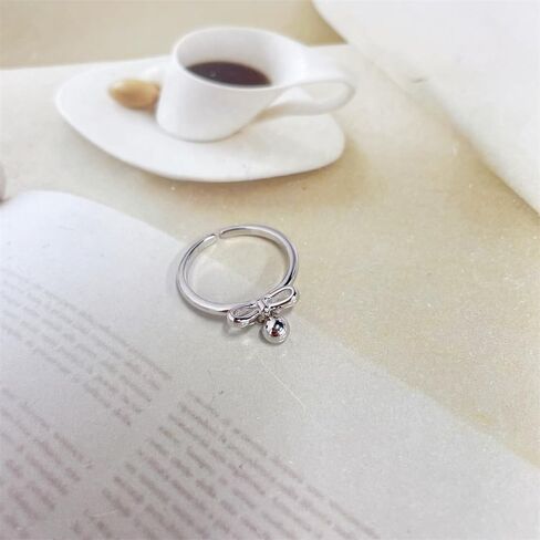 NewZenro Cute Bow Ball Dangle Drop Adjustable Statement Rings for Women Dainty 925 Sterling Silver Ribbon Bell Charm Stackable Open Finger Band Rings for Christmas Daughter Festival Party Gifts Bff in Saudi Arabia