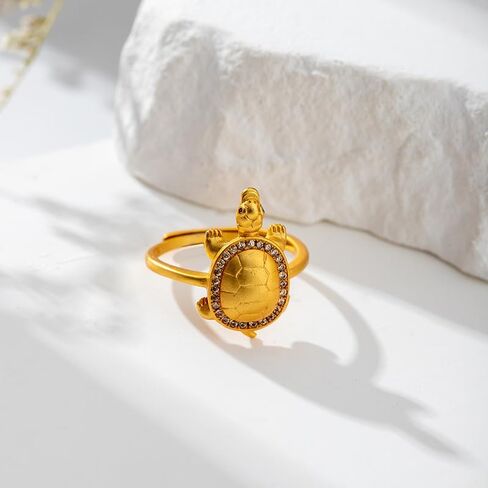 CZ Sea Turtle Adjustable Statement Band Ring for Women Gold Plated Retro Stackable Good Luck Animal Ocean Tortoise Knuckle Finger Open Rings Summer Beach Hawaii Jewelry Birthday Gift for Her Wife Mother in Saudi Arabia