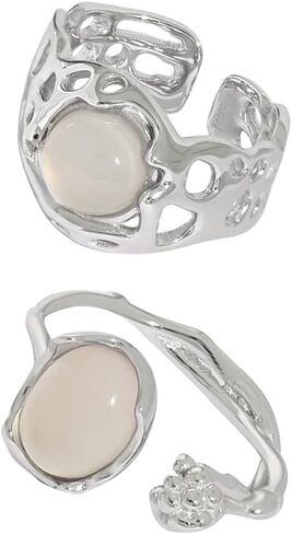 Y2K Rings Set Irregular Agate Opal Natural Stone Rings Moonstone Bud Flower Star Finger Rings Opening Adjustable Stacking Rings for Women Girls Birthday Gift in Saudi Arabia