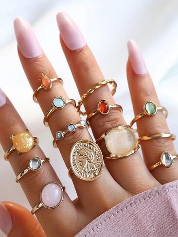 Baroque Vintage Colorful Faux Gem Rings Set for Women Daily Party in Saudi Arabia