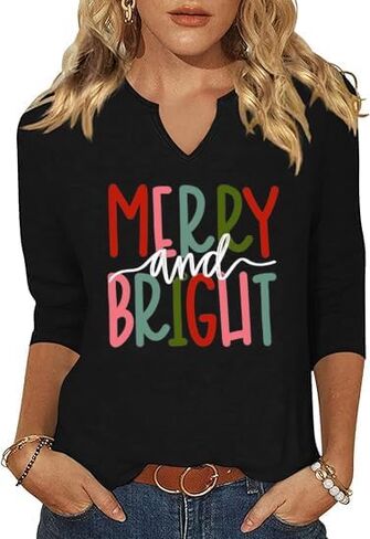 قميص بأكمام 3/4 برقبة على شكل حرف V للنساء من Believe Merry Tree Graphic Festival، قمصان للإجازات، قمصان عصرية in Kuwait