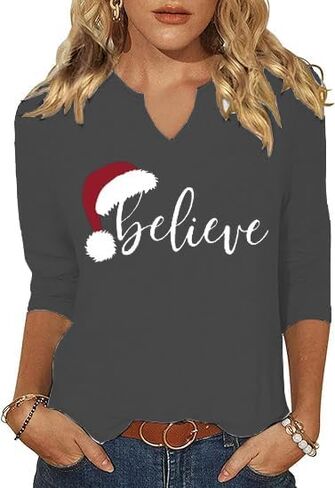 قميص بأكمام 3/4 برقبة على شكل حرف V للنساء من Believe Merry Tree Graphic Festival، قمصان للإجازات، قمصان عصرية in Kuwait