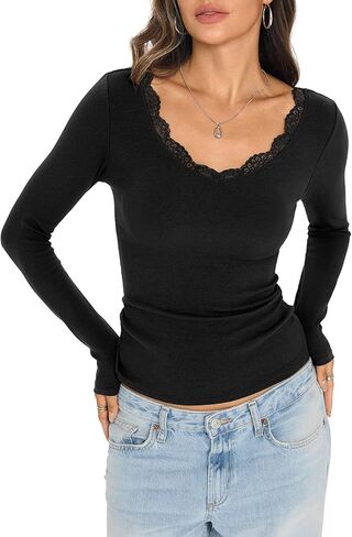Womens Cotton Ribbed Long Sleeve Shirts Lace V Neck T Shirts Fitted Sexy Going Out Tops Casual Fall Outfits in Saudi Arabia