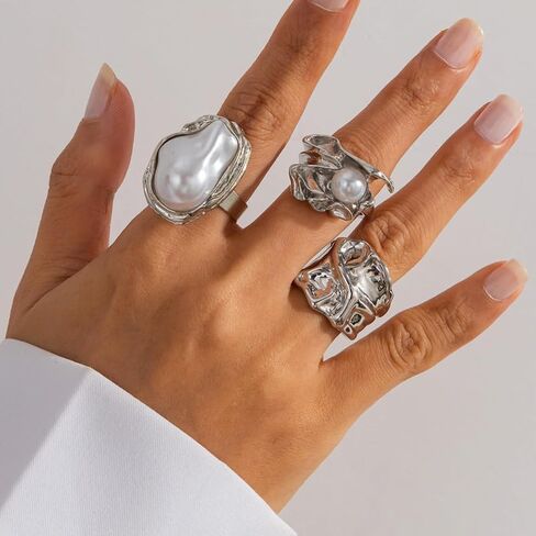 Gold Chunky Stackable Rings for Women, Pearl Flower Statement Jewelry Set, Designchristmas gifts friendship gifts for women valentines in Saudi Arabia