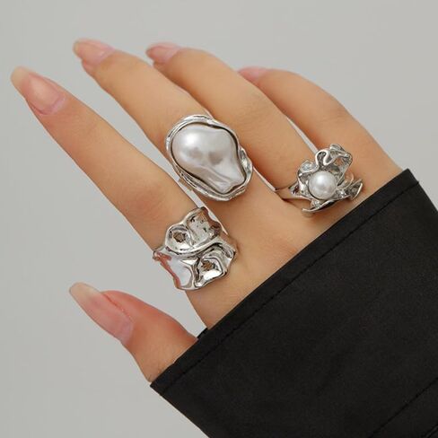 Gold Chunky Stackable Rings for Women, Pearl Flower Statement Jewelry Set, Designchristmas gifts friendship gifts for women valentines in Saudi Arabia