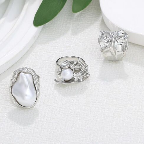 Gold Chunky Stackable Rings for Women, Pearl Flower Statement Jewelry Set, Designchristmas gifts friendship gifts for women valentines in Saudi Arabia
