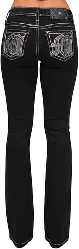 Miss Me Women's Big M Logo Embellished Pockets Black Wash Mid-Rise Bootcut Jeans in Saudi Arabia