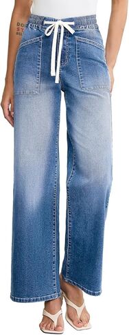 Sidefeel Women's Wide Leg Jeans High Waisted Stretchy Baggy Elastic Waist Drawstring Ankle Denim Jeans with Pockets in Saudi Arabia