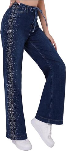 بنطلون جينز نسائي برباط من حجر الراين، بنطال جينز واسع الساق وواسع عالي الخصر من قماش الدينيم in Kuwait