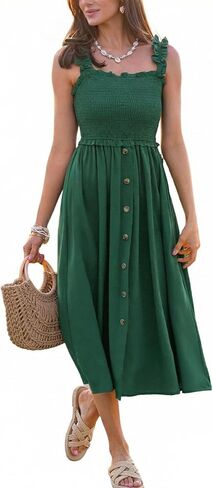 CUPSHE Women's Summer Smocked Midi Dress Sleeveless Square Neck Cami Dress Vacation Button Flowy Long Sundress in Saudi Arabia