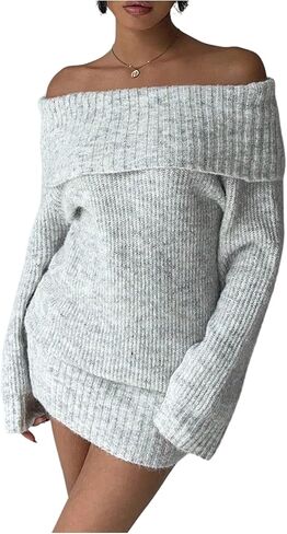 SOLY HUX Women's Off The Shoulder Mini Dress Long Sleeve Bodycon Knit Sweater Dresses in Saudi Arabia