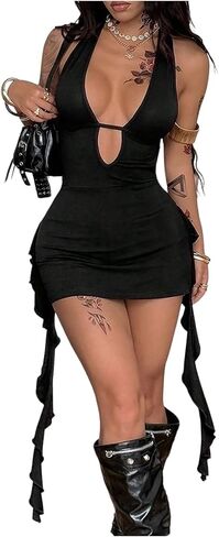 SOLY HUX Women's Open Back Halter Mini Dress Y2k Deep V Neck Sleeveless Backless Ruffle Bodycon Sexy Dresses in Saudi Arabia