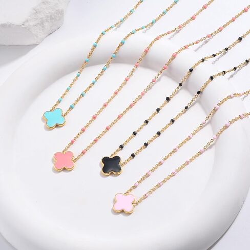 YADUDA Dainty Four Leaf Clover Choker قلادة ملونة صغيرة لطيفة البرسيم قلادة القلائد للنساء 18K مطلية بالذهب الفولاذ المقاوم للصدأ محظوظ 4 أوراق قلادة المجوهرات in Kuwait