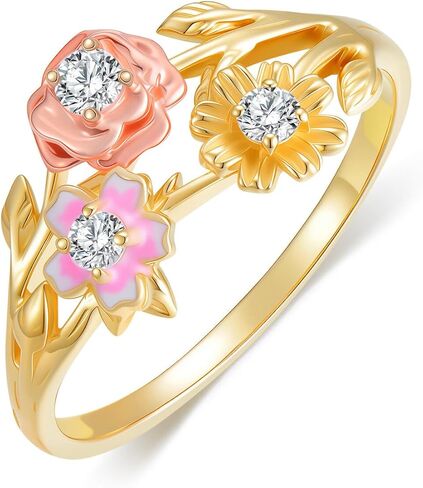 SISGEM 10K Real Gold Rose Flower Leaf Rings for Women,Yellow/Rose Gold Inlaid Moissanite Three Flower Attractive Ring,Anniversary Birthday Gifts for Mom Wife Girlfriend in Saudi Arabia