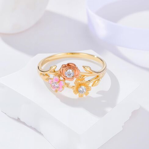 SISGEM 10K Real Gold Rose Flower Leaf Rings for Women,Yellow/Rose Gold Inlaid Moissanite Three Flower Attractive Ring,Anniversary Birthday Gifts for Mom Wife Girlfriend in Saudi Arabia