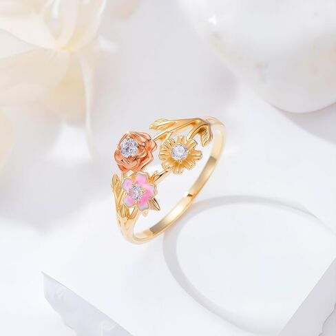 SISGEM 10K Real Gold Rose Flower Leaf Rings for Women,Yellow/Rose Gold Inlaid Moissanite Three Flower Attractive Ring,Anniversary Birthday Gifts for Mom Wife Girlfriend in Saudi Arabia