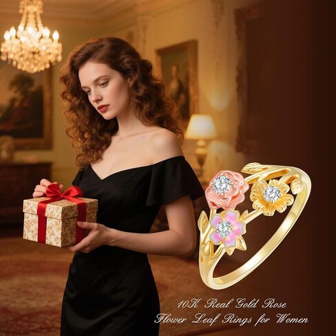 SISGEM 10K Real Gold Rose Flower Leaf Rings for Women,Yellow/Rose Gold Inlaid Moissanite Three Flower Attractive Ring,Anniversary Birthday Gifts for Mom Wife Girlfriend in Saudi Arabia