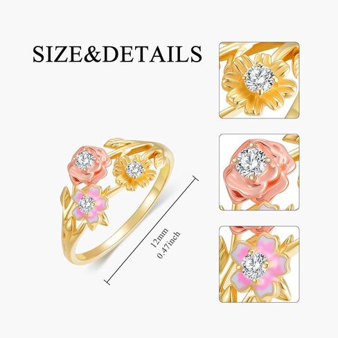 SISGEM 10K Real Gold Rose Flower Leaf Rings for Women,Yellow/Rose Gold Inlaid Moissanite Three Flower Attractive Ring,Anniversary Birthday Gifts for Mom Wife Girlfriend in Saudi Arabia