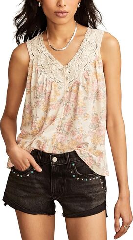 Lucky Brand Womens Printed Lace Trim Tank in Saudi Arabia